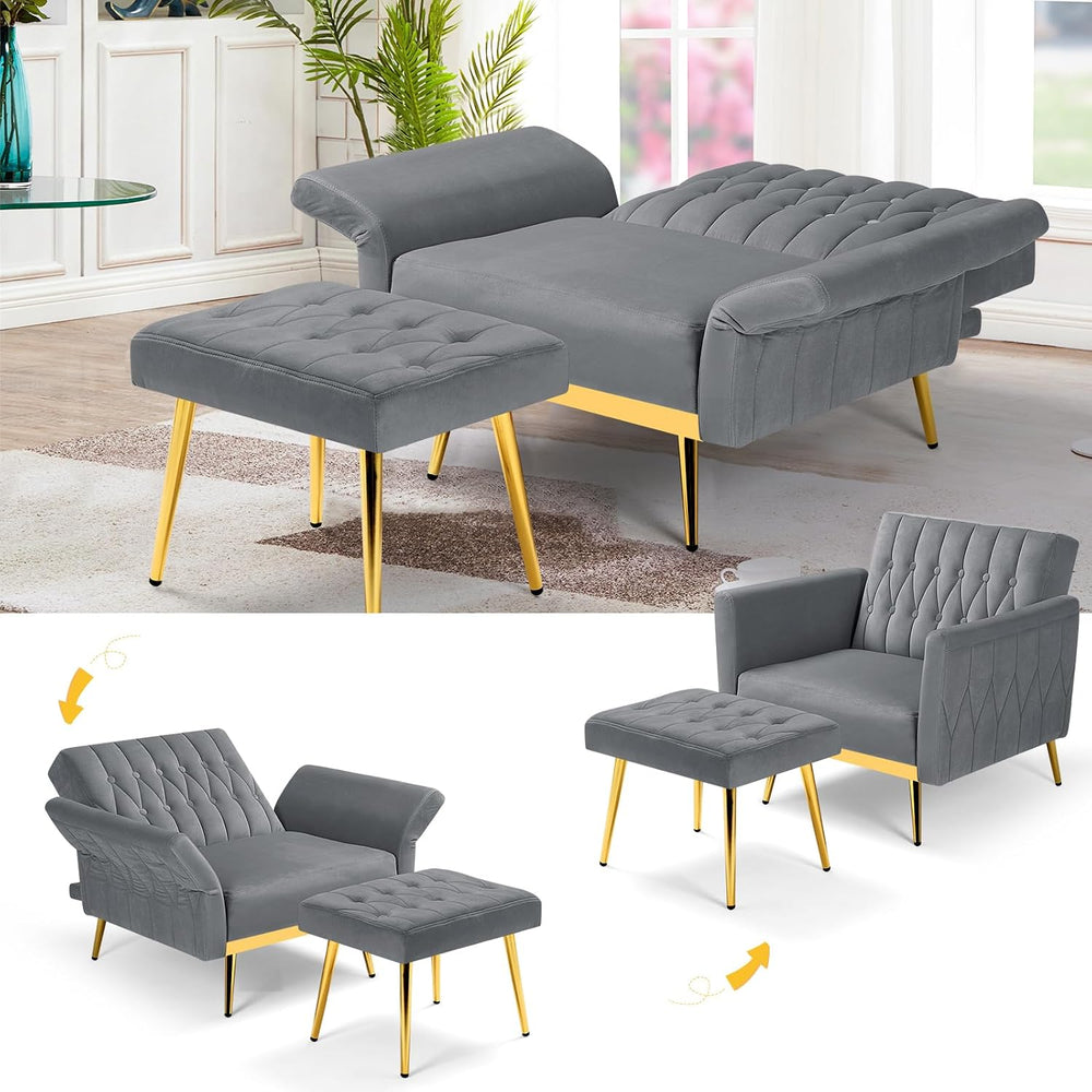 3 Pieces Velvet Sofa Set w/Adjustable Armrest &Backrest,Grey