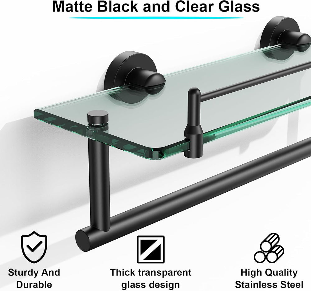 Bathroom Towel Rack with Tempered Glass Shelf 16 Inch, Matte Black Floating W...