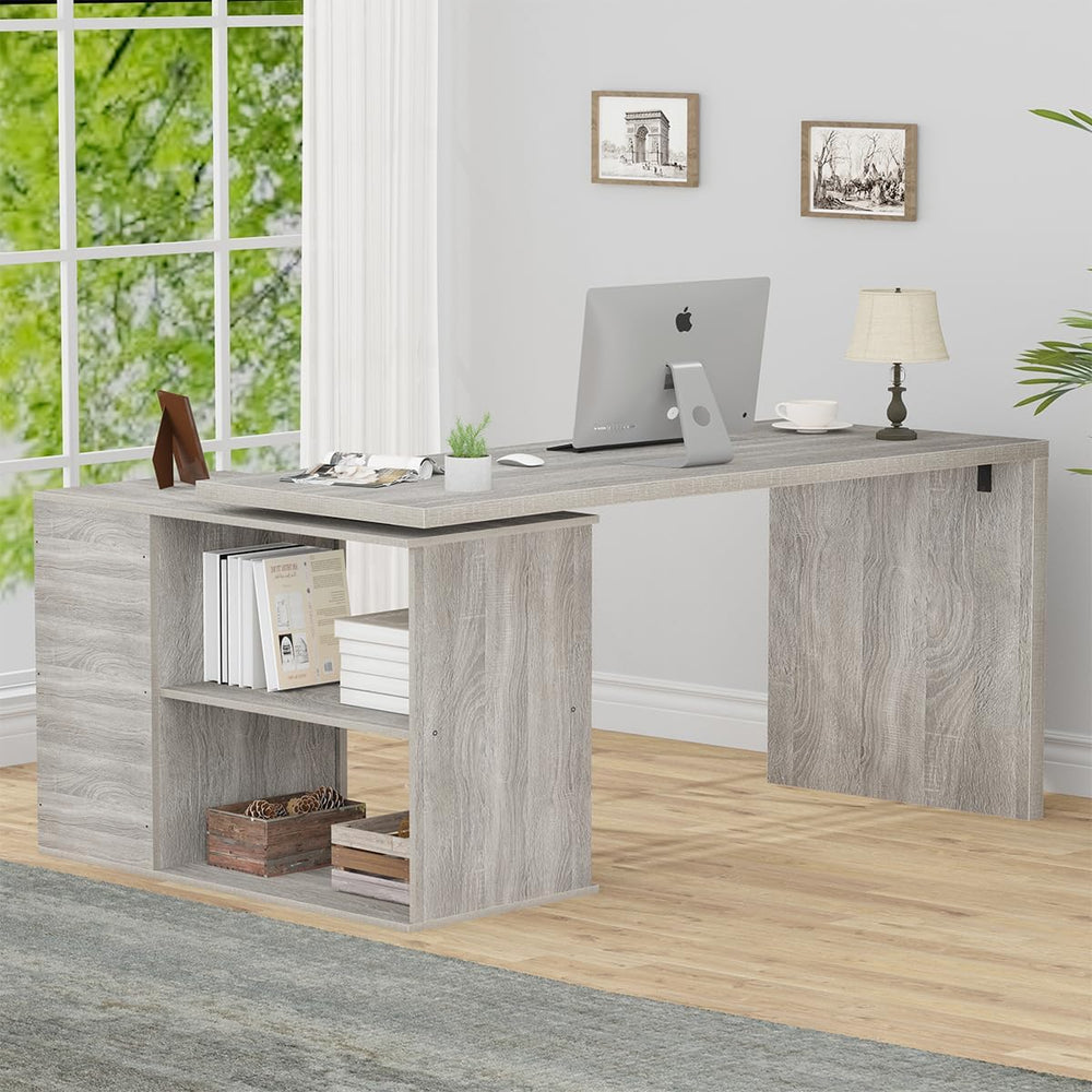 HSH Grey L Shaped Computer Corner Desk with 3 Storage Drawers 60 inch