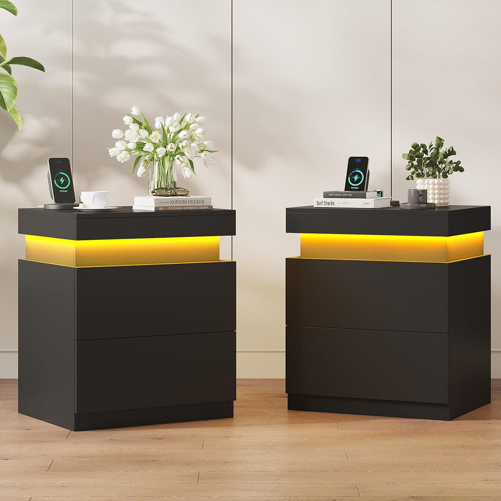 ADORNEVE Small Nightstand with Charging Station and LED Lights,Black