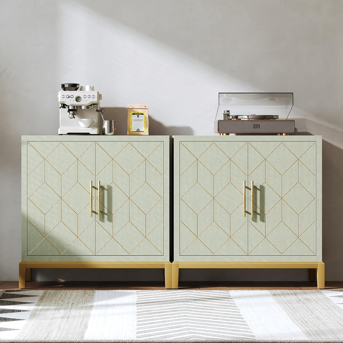 HLR Green Accent Cabinet with Gold Trim,Storage Cabinet with 2 Doors,Modern Wooden Sideboard for Living Room, Kitchen, Office and Hallway
