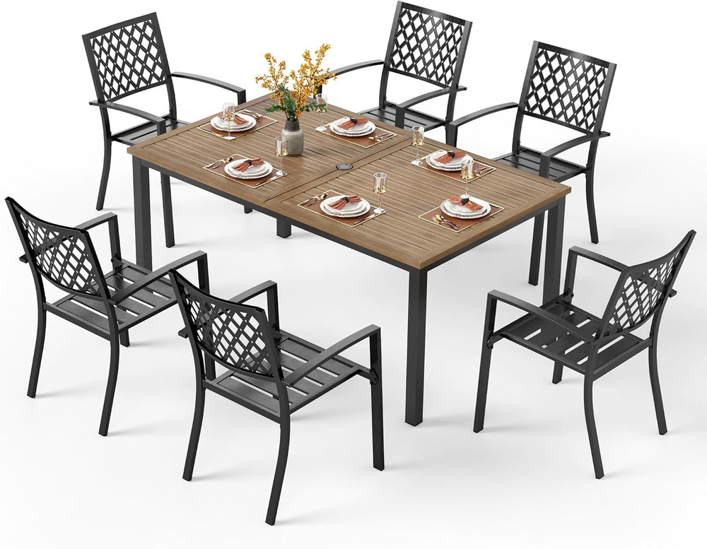 PHI VILLA Outdoor Dining Set for 6& 65”Wood-Like Metal Table