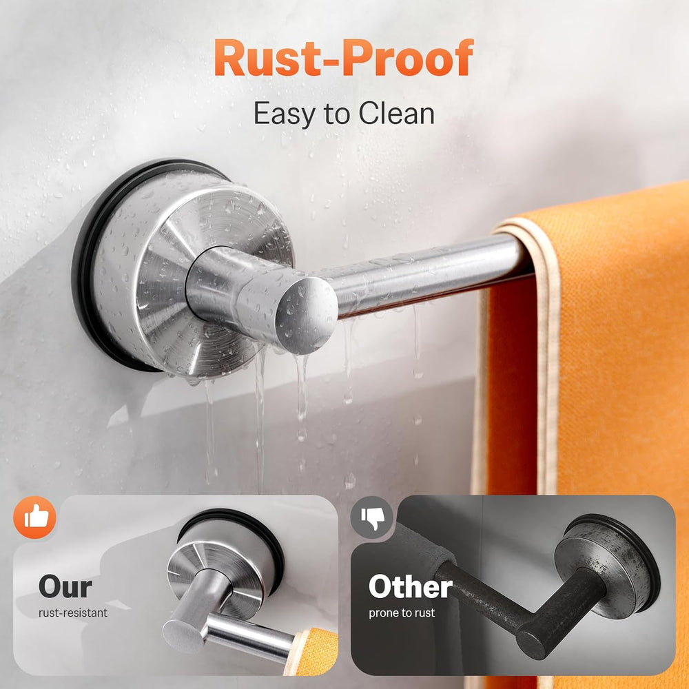 Suction Cup Towel Bar for Bathroom Wall, No-Drill Towel Rack Silver