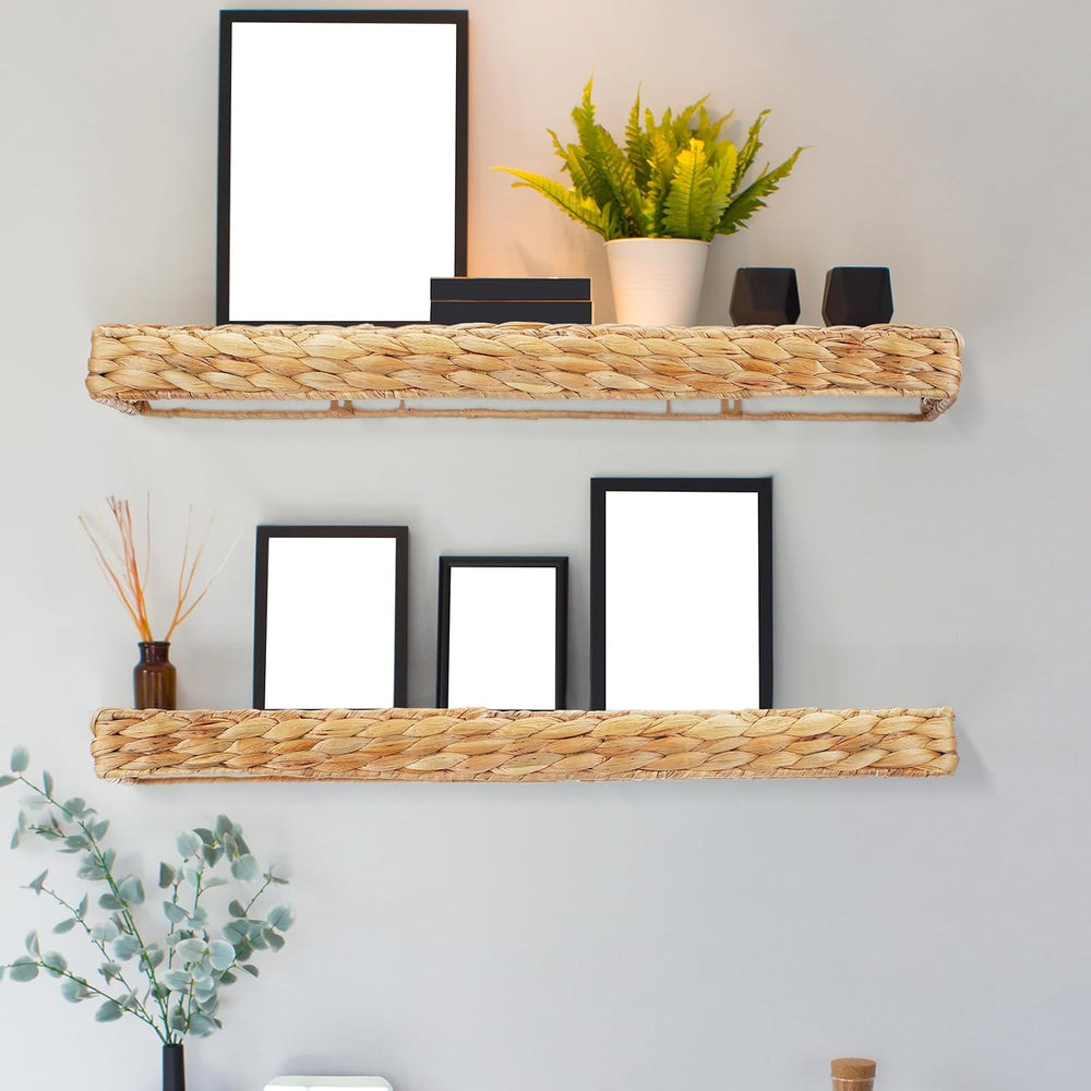 Pinkunn 2 Pack Handwoven Water Hyacinth Floating Wall Shelf 23.6 Inch Woven W...