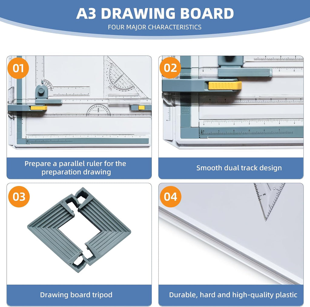 A3 Drawing Board Drafting Table Multifunctional Drawing Board Table with Clear Rule Parallel Motion and Angle Adjustable Measuring System, Inch