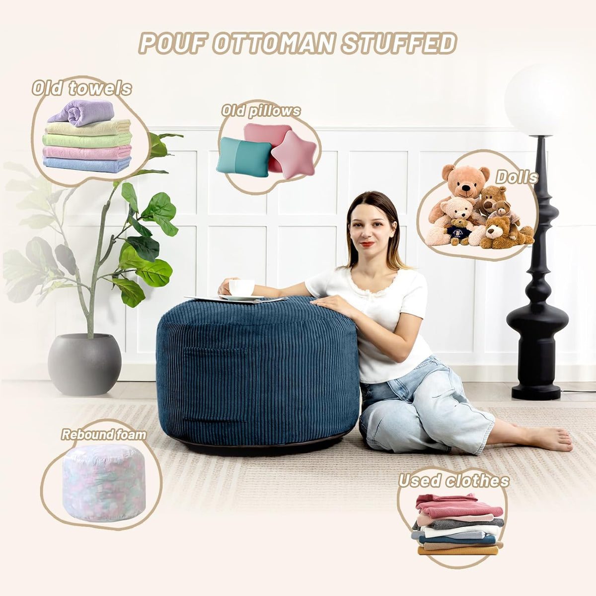 Round Stuffed Pouf Ottoman (Blue, 26" D x 26" W x 18" H)