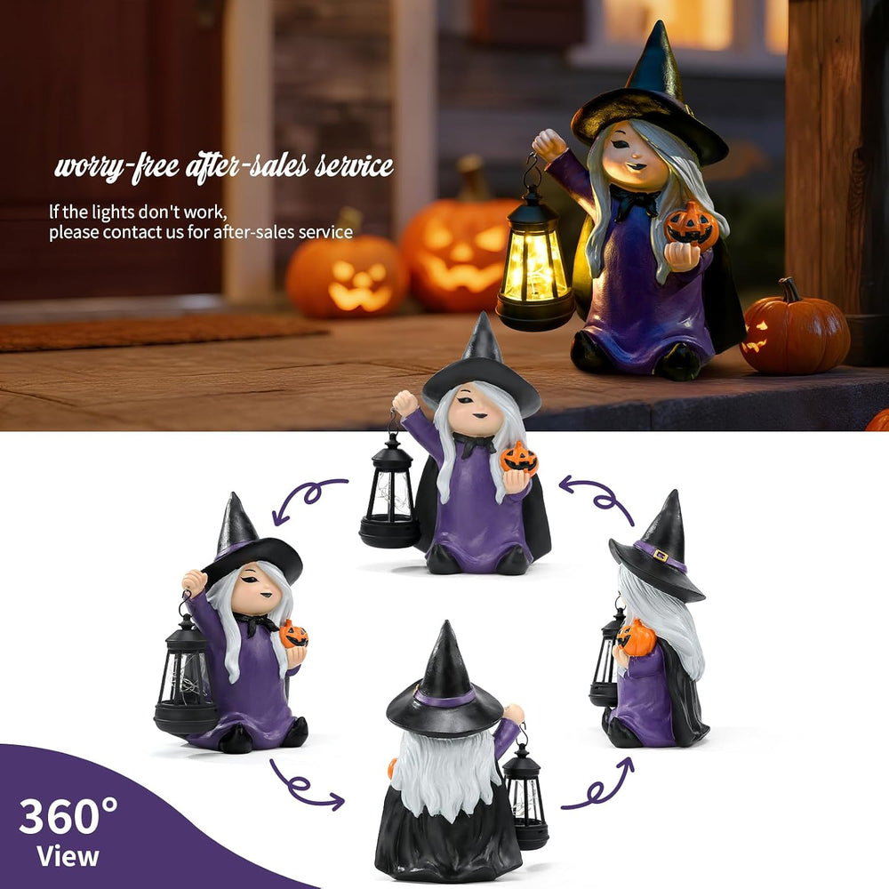 Halloween Witch Gnome Garden Statues with Pumpkin Solar Witch Gnome with LED ...