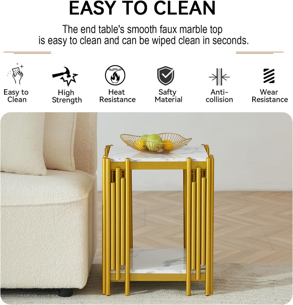 3 Pieces Living Room Table Set, White Faux Marble Coffee Table Set of 3, Mode...