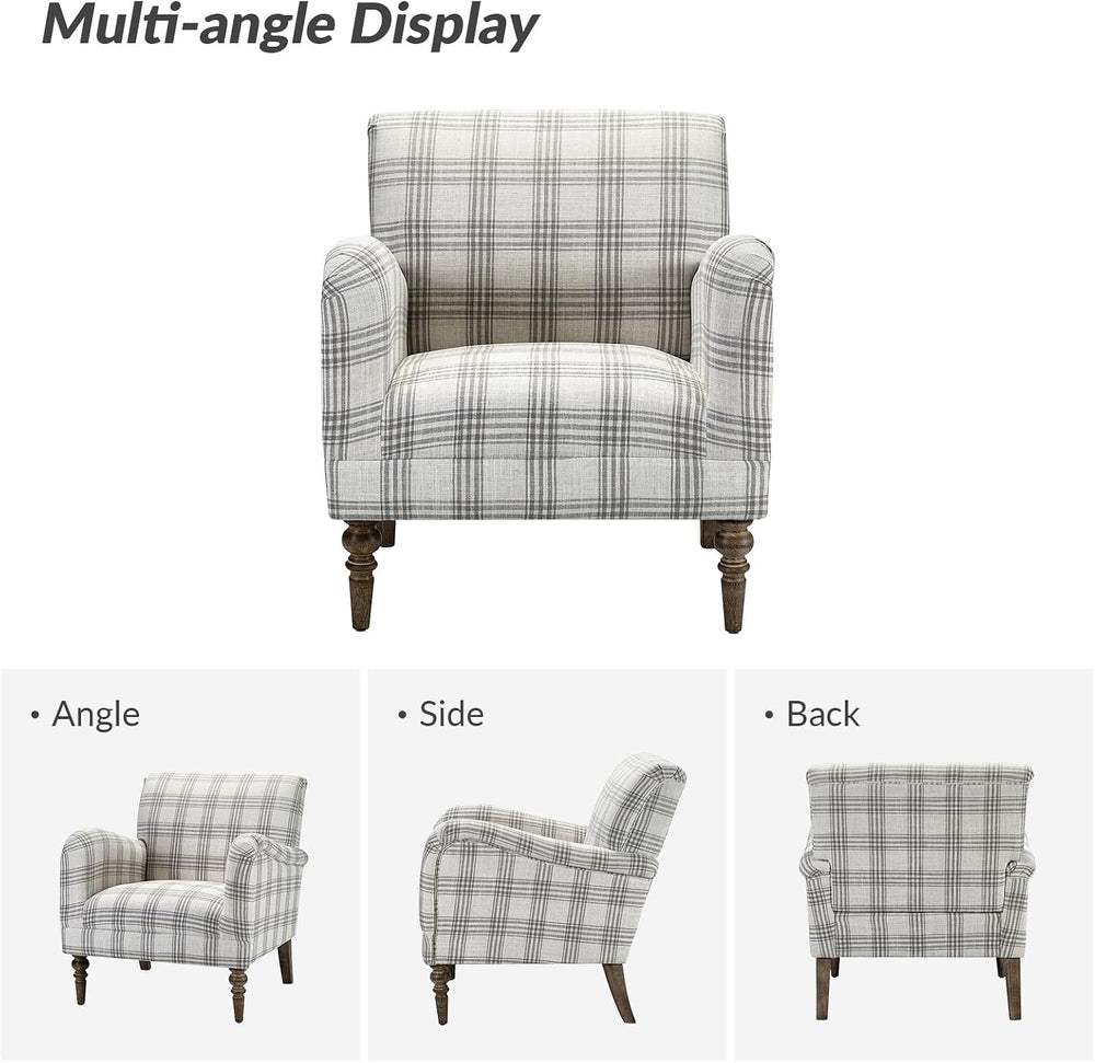 HULALA HOME Farmhouse Accent Chair with Plaid Pattern, Grey
