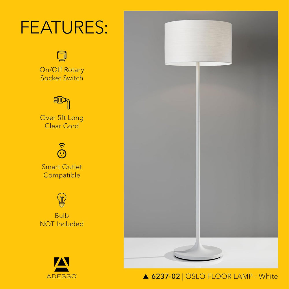 Adesso Floor Lamp, Matte White, Scratch-Proof, Corrosion Resistant, 60”