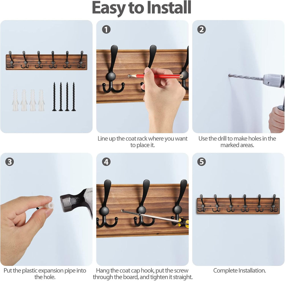 Coat Rack Wall Mount, Wooden Heavy Duty Coat Rack for Wall,6 Triple Coat Hang...