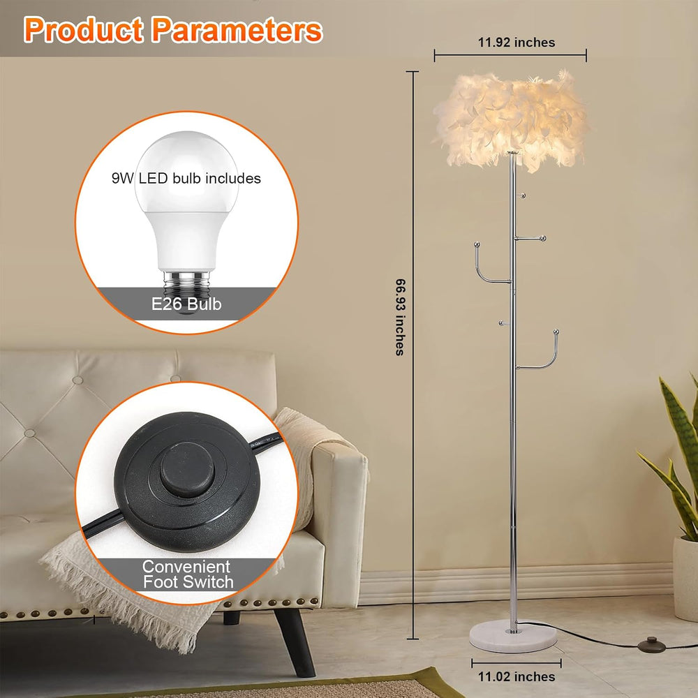Feather Floor Lamp with Coat Rack - Modern Metal Hall Tree with 5 Hooks for L...