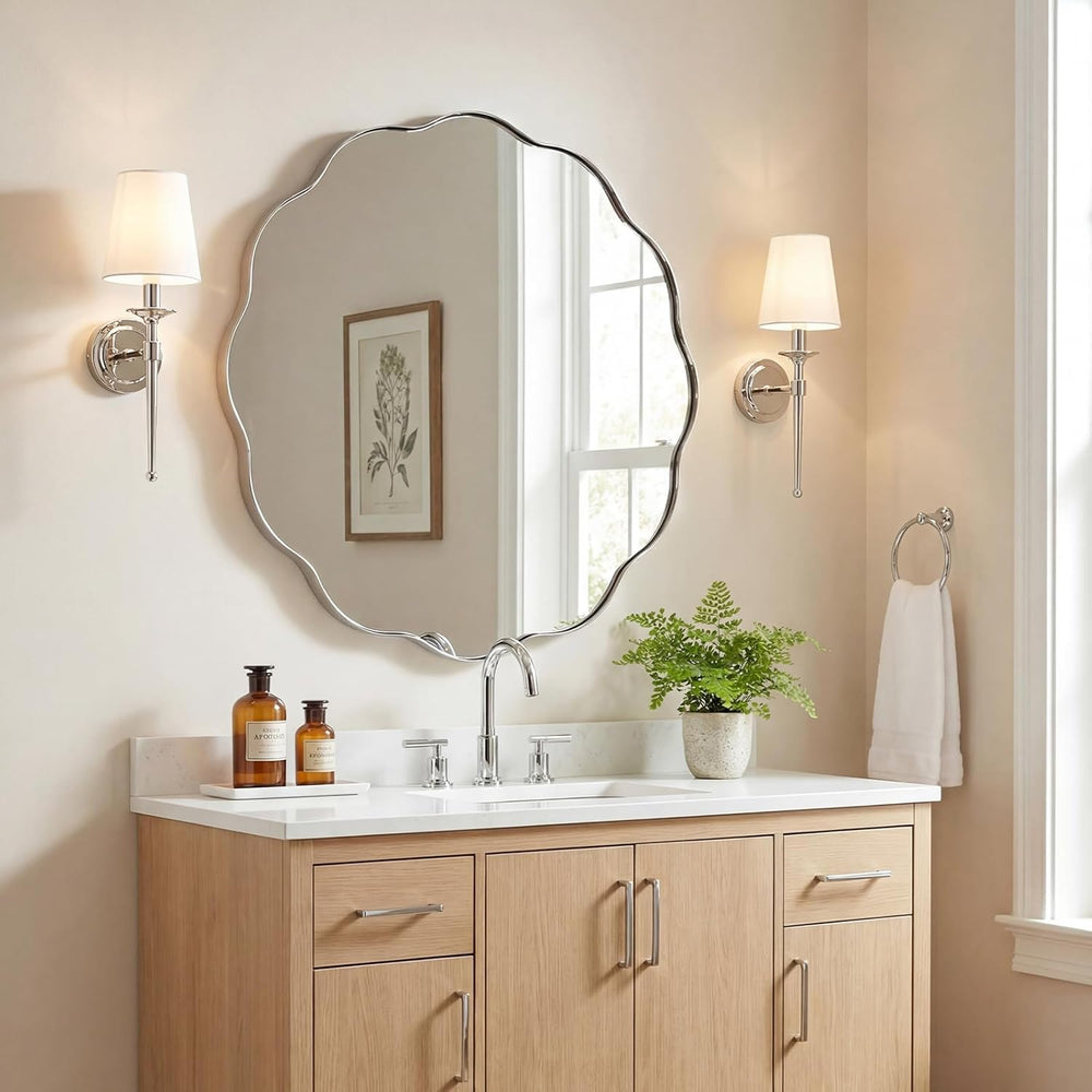 ANDY STAR Chrome Round Wall Mirror 28 inch, Polished Metal Frame Circle Bathr...