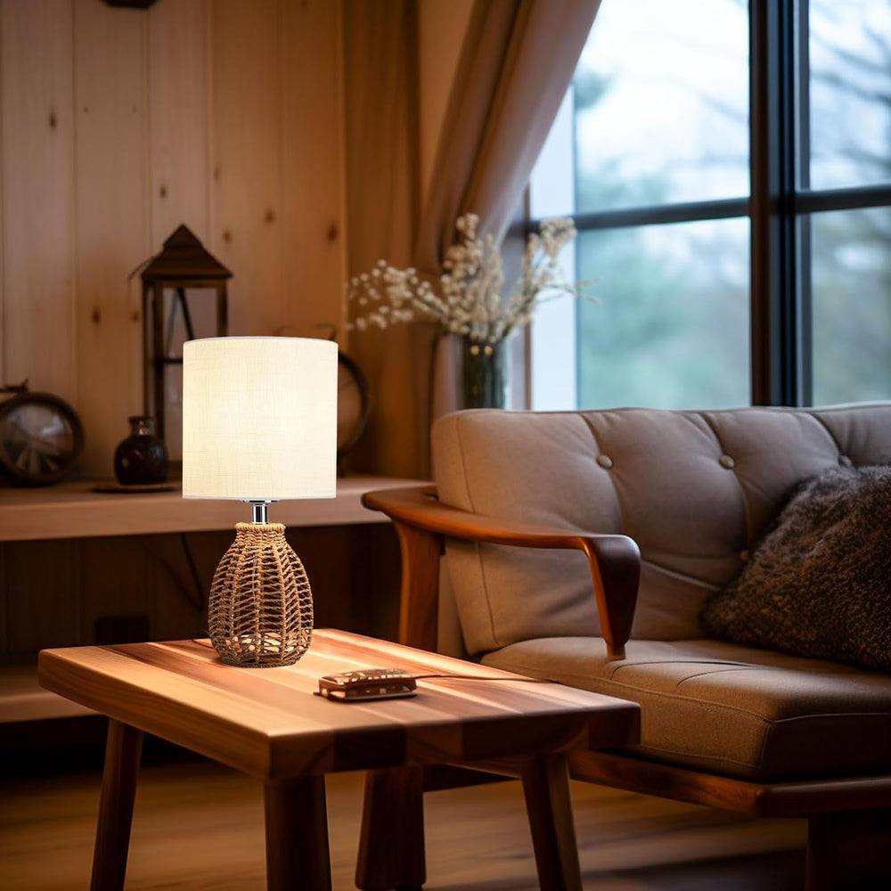KUNJOULAM Rattan Table Lamp, Small Nightstand Lamp with Linen Fabric Lampshad...