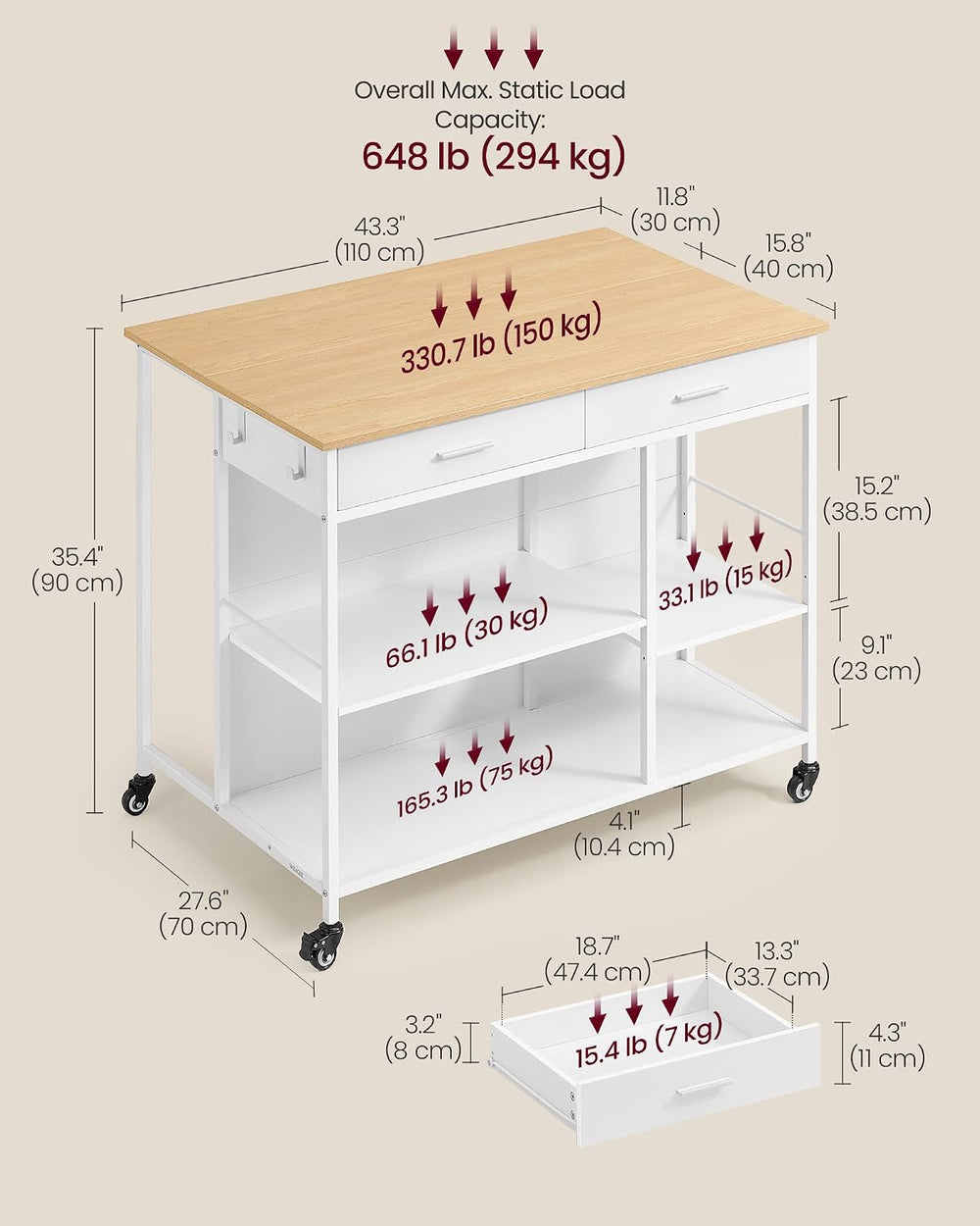 VASAGLE Kitchen Island Cart with Storage, 2 Drawers, Towel Rack