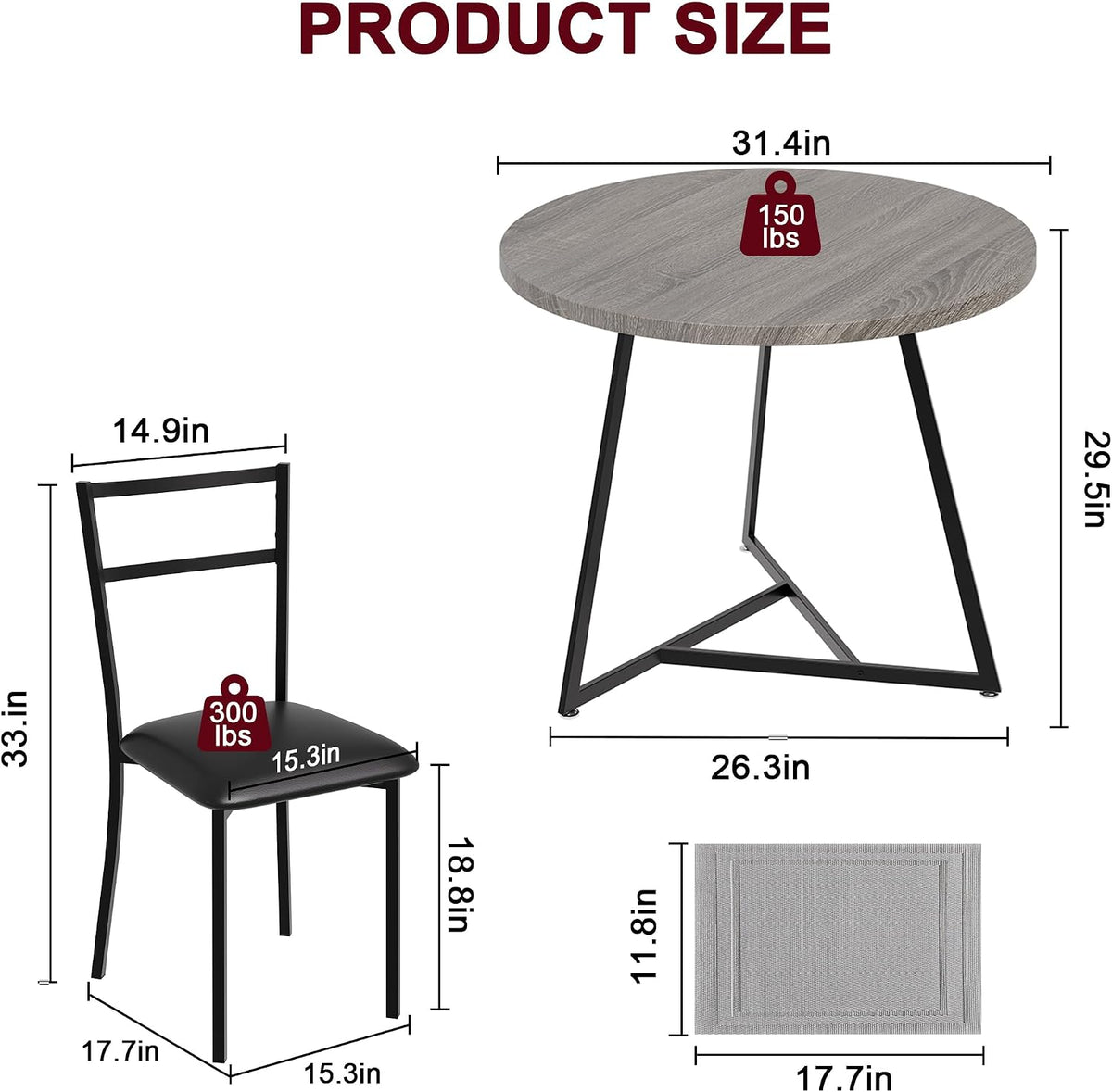 GAOMON Dining Table Set for 2, Kitchen Table and Chairs for 2 with Upholstered Chairs, 3 Piece Dining Room Table Set, Round Kitchen Table Set for Small Space, Apartment, Studio, Rustic Gray