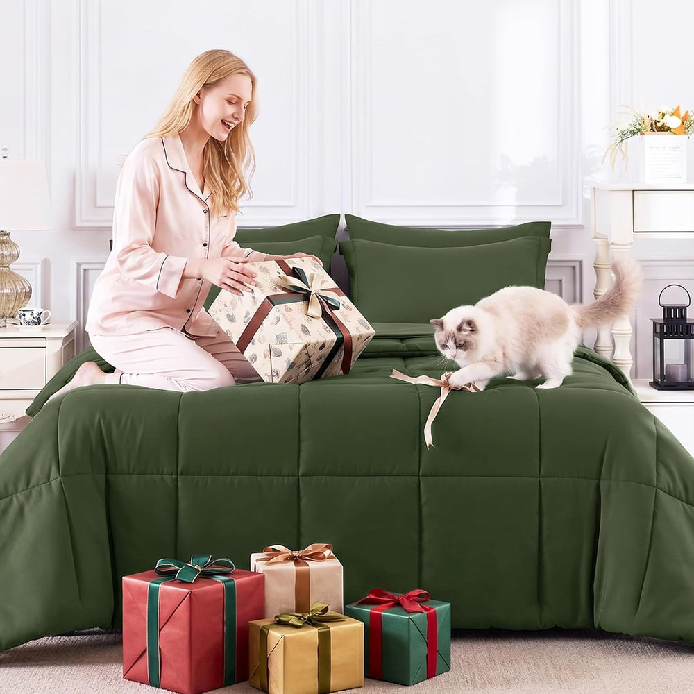 CozyLux King Size Comforter Set, 7-Piece Bed in a Bag, Olive Green