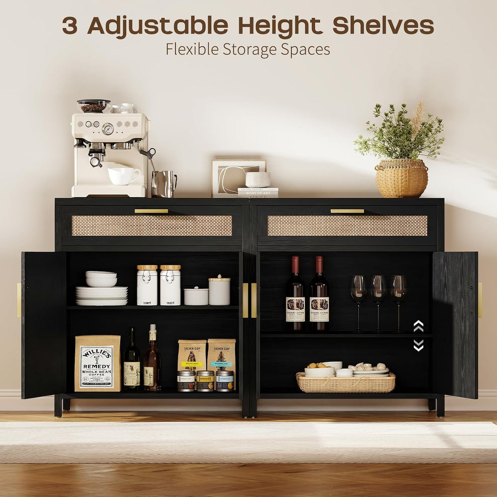 Rattan Buffet Cabinet with Storage Set of 2, Sideboard Cabinet with Doors and...