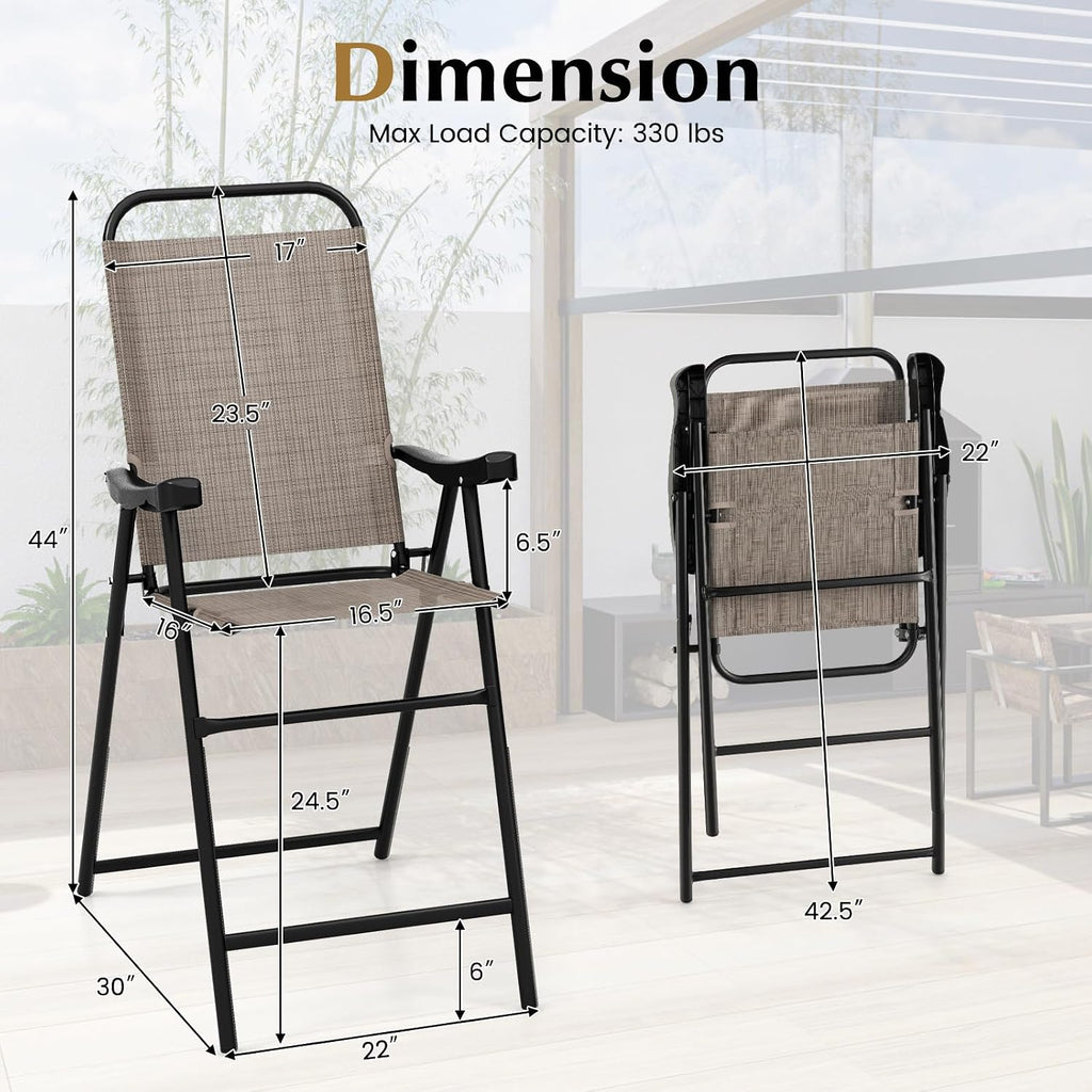 COSTWAY 2 Pieces Patio Folding Bar Chairs with Metal Frame, Footrest, Arms