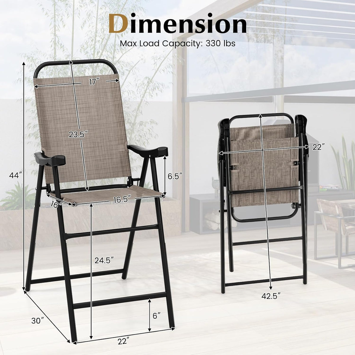 COSTWAY 2 Pieces Patio Folding Bar Chairs with Metal Frame, Footrest, Arms