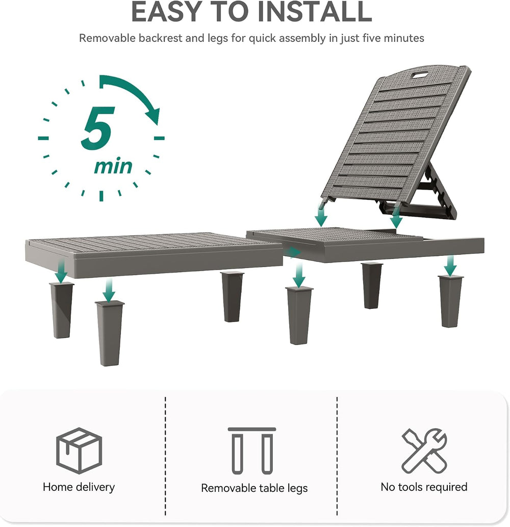 YITAHOME Outdoor Chaise Lounge Chair, Plastic Pool Chaise Lounge with 5-Posit...
