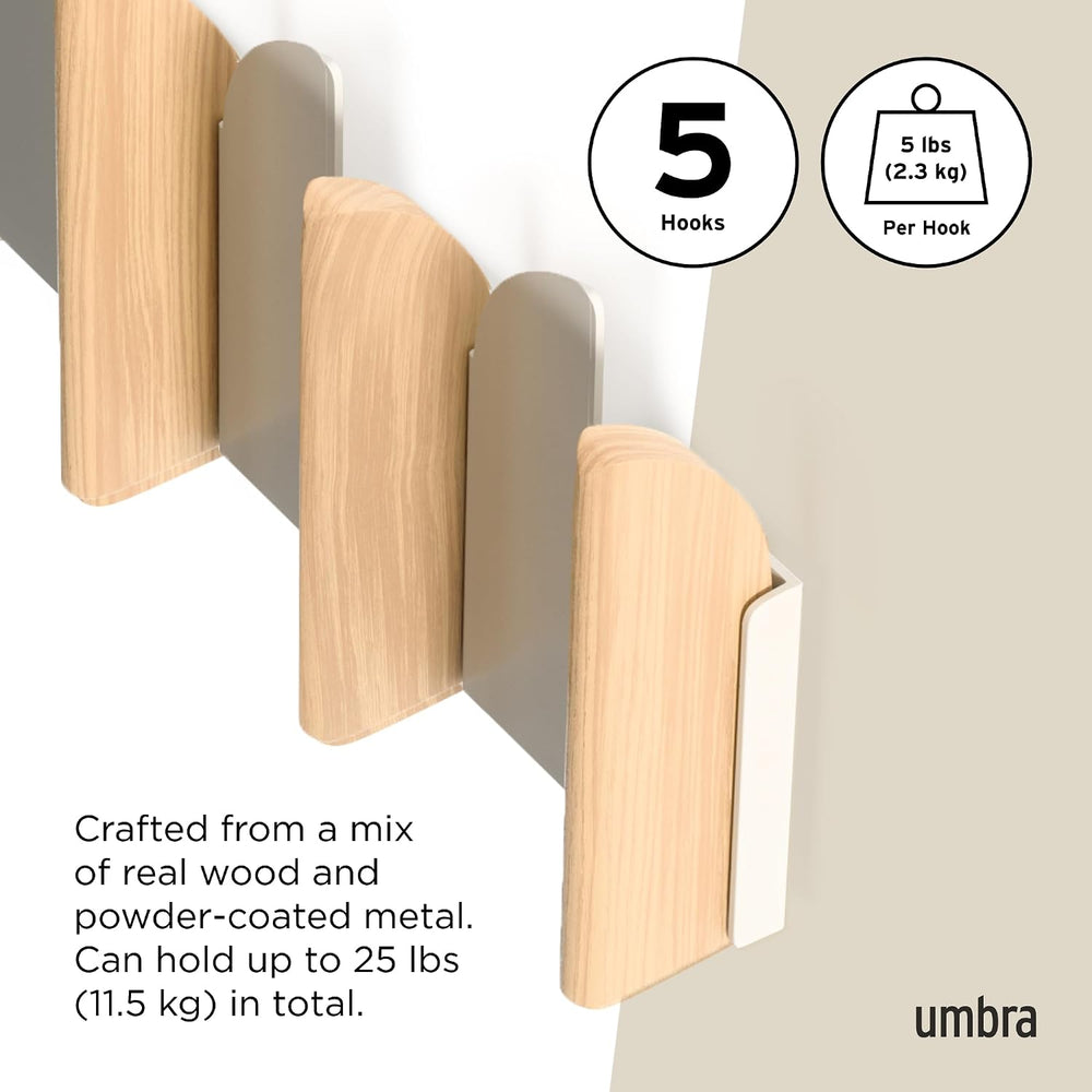 Umbra Saloon Wall Hook, Wall Mounted Coat Rack, 5 Hook, Natural