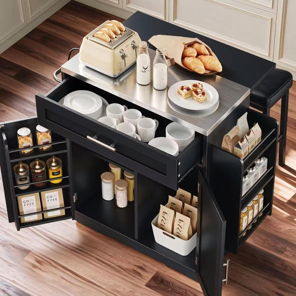 Concho 41" Kitchen Island with Stainless Steel Countertop and Seating Black