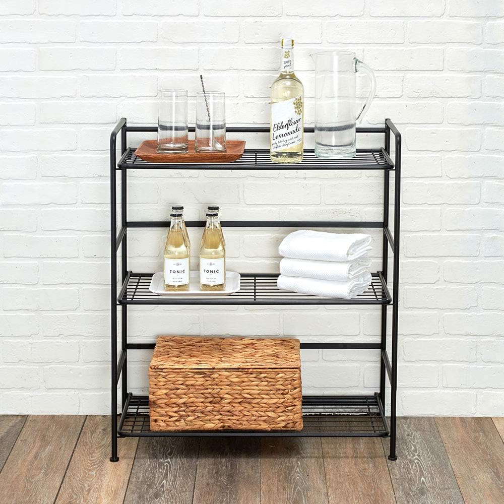 folding metal bookcase, 3 shelves, wide, black showing dimensions