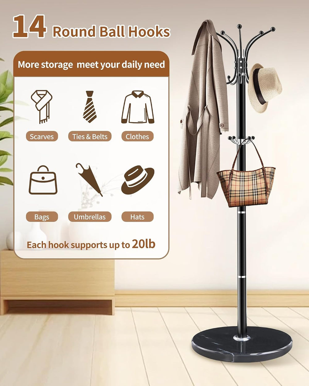 Metal Coat Rack Freestanding with 360°Rotary 14 Hooks Marble Base