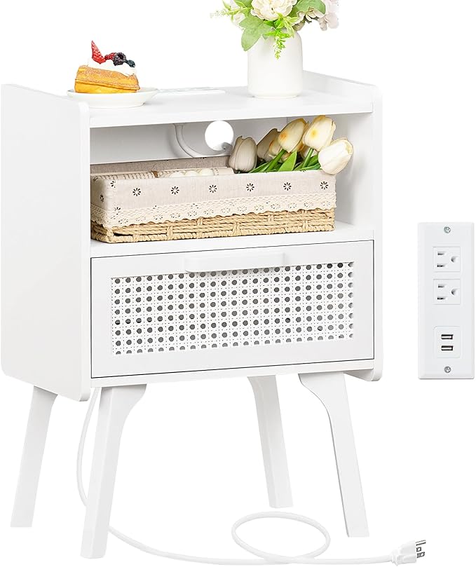 Lerliuo Rattan Nightstand with Charging Station, Side Table with Drawer Open Shelf, Cane Accent Bedside End Table with Solid Wood Legs, Night Stand for Bedroom, Dorm and Small Spaces (White)