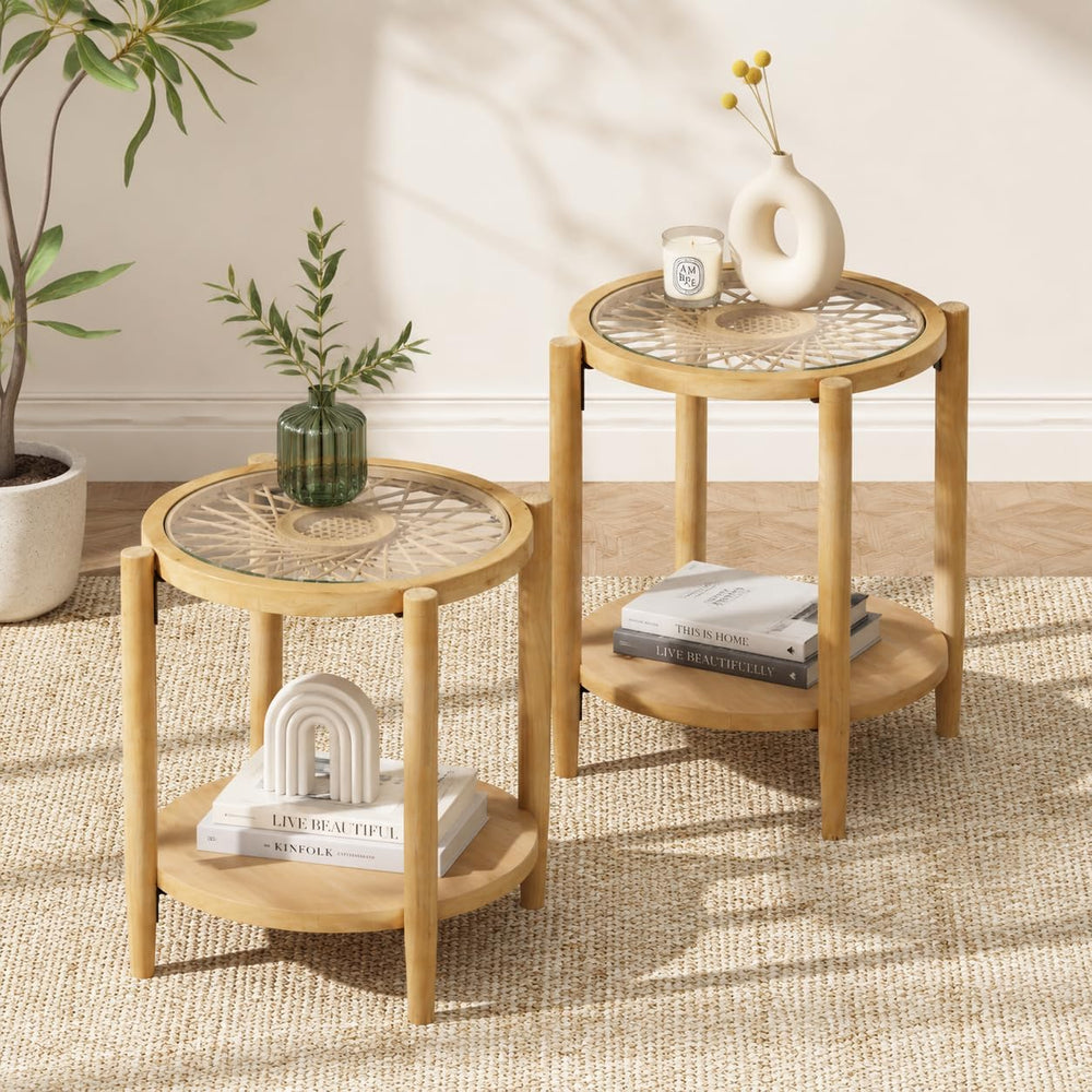 RUSTOWN Rattan Nightstands Set of 2, Boho Round End Tables with Glass Top