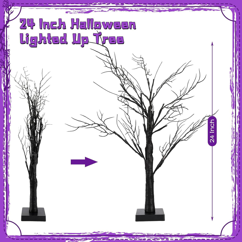2Pack 24 Inch Halloween Spooky Tree with Lights, Lighted Tabletop Black Tree with Timer, Indoor Halloween Decorations for Home