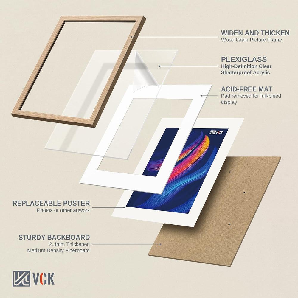 VCK 16x24 Frame 3 Pack, Oak Wood, 12x18 Mat, for Picture Print