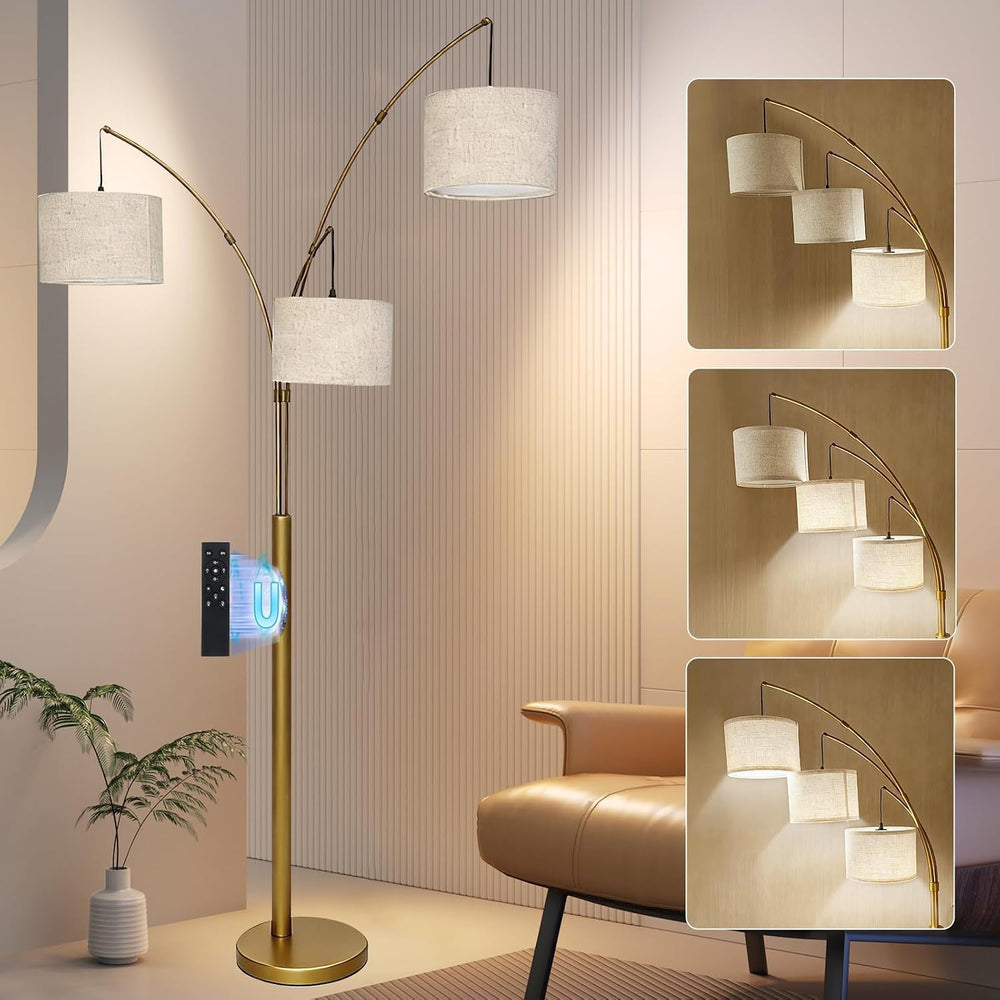 3-Light Dimmable Arc Floor Lamp, LED Tall Standing Lamp with Remote