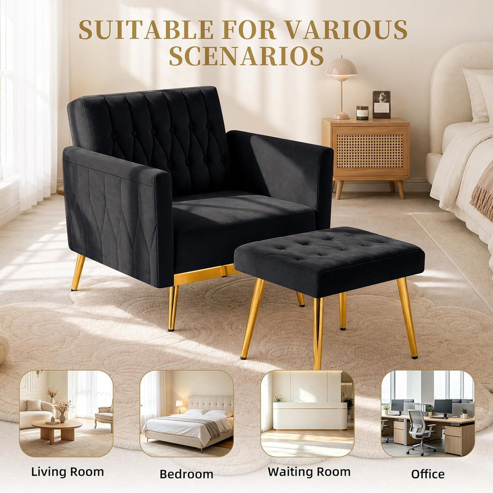 Velvet Accent Chair w/Ottoman & Adjustable Backrest, Black