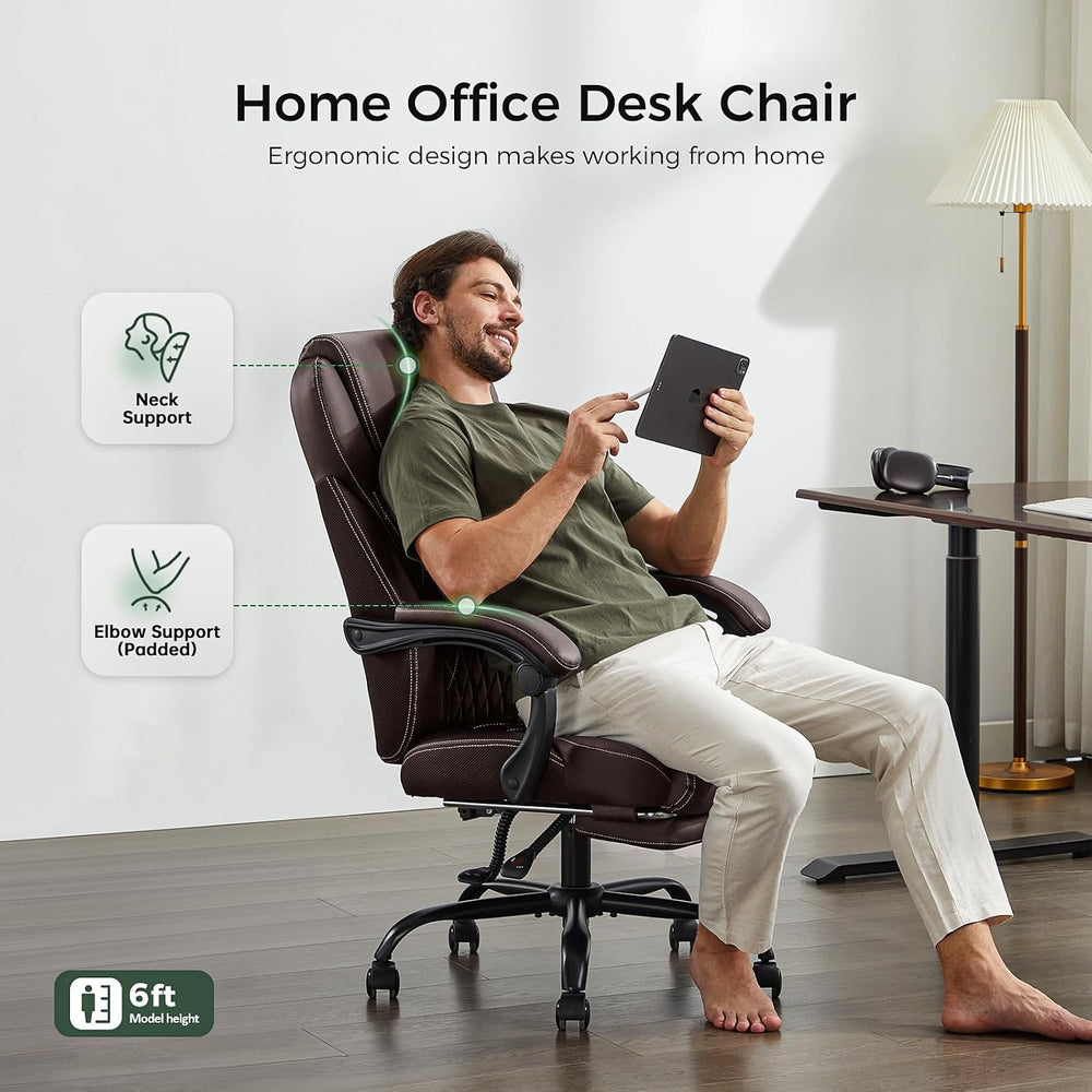 amseatec Big and Tall Office Chair with Footrest, Lumbar Support, Brown