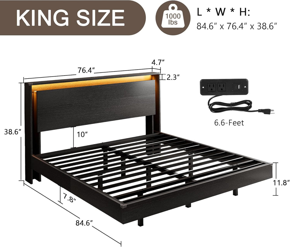 Einhomn King Size Bed Frame with LED Lights & Charging Station – Wood Flo...