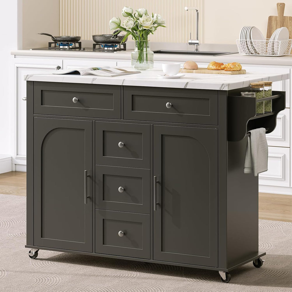 ONBRILL 47" Kitchen Island with 2 Storage Cabinets & 5 Drawers, Black