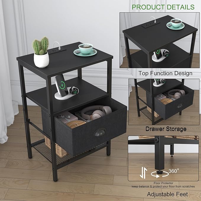 Sthmec Nightstands Set of 2, LED Bedside Tables with Charging Station and Fabric Drawer, Night Stand with Storage, 3 Tier Side Table with Open Shelf, LED Nightstand with Charging Station, Black