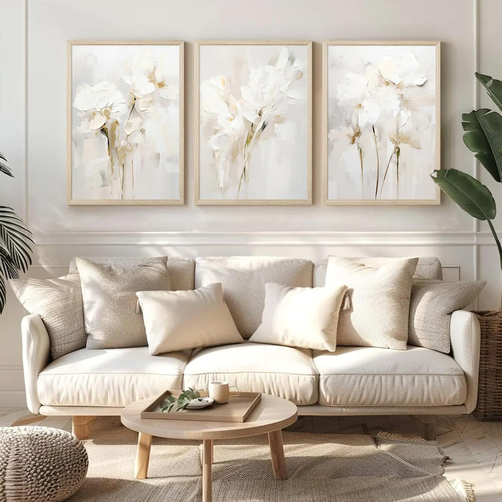 Neutral Wall Art Abstract Floral Canvas Pictures Beige Flower Wall Decor Mode...