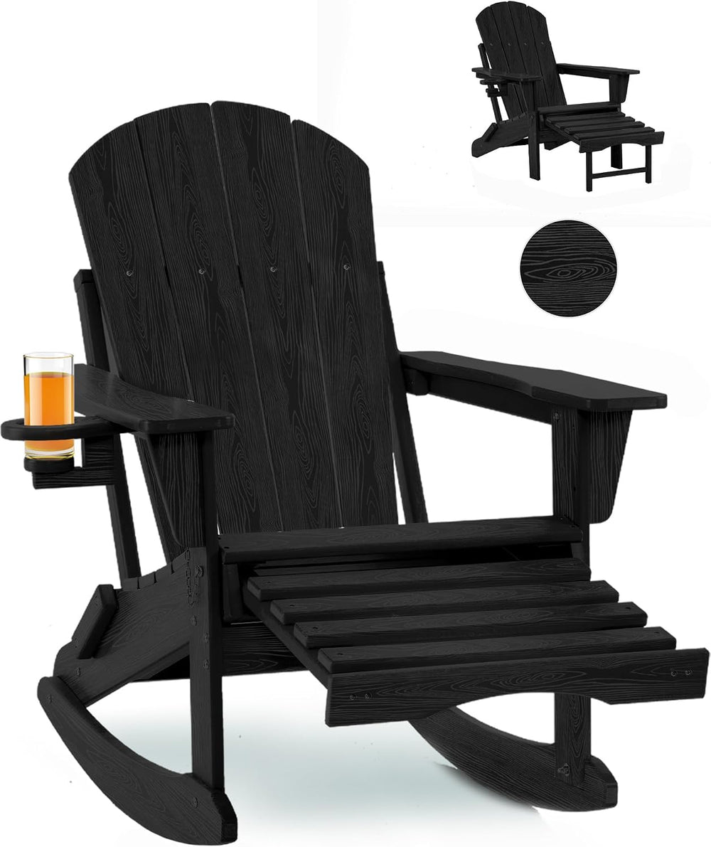 Folding Adirondack Rocking Chair 4-in-1 Retractable Ottoman,Black