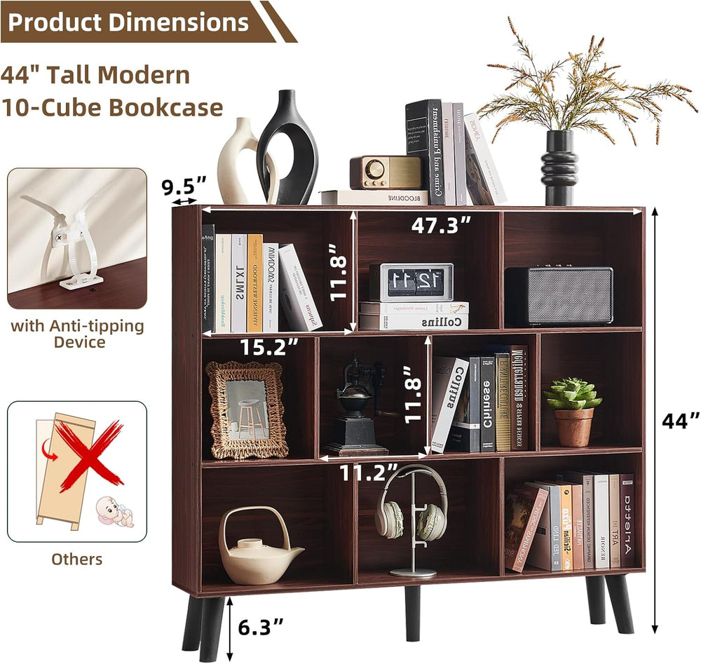 LEYAOYAO 10 Cube Bookshelf, Mid-Century Modern Book Shelf with Legs, Walnut
