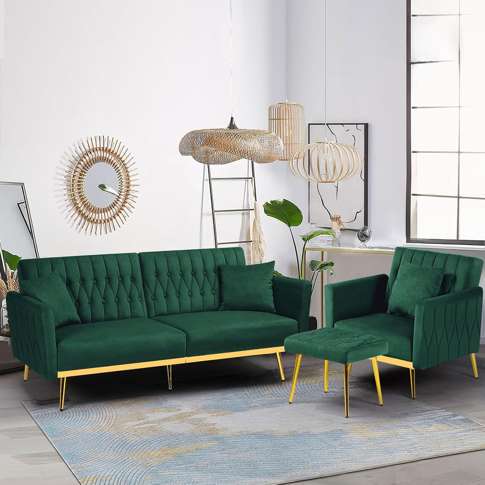 2 Pieces Velvet Sofa Set with Adjustable Armrest and Backrests, Green