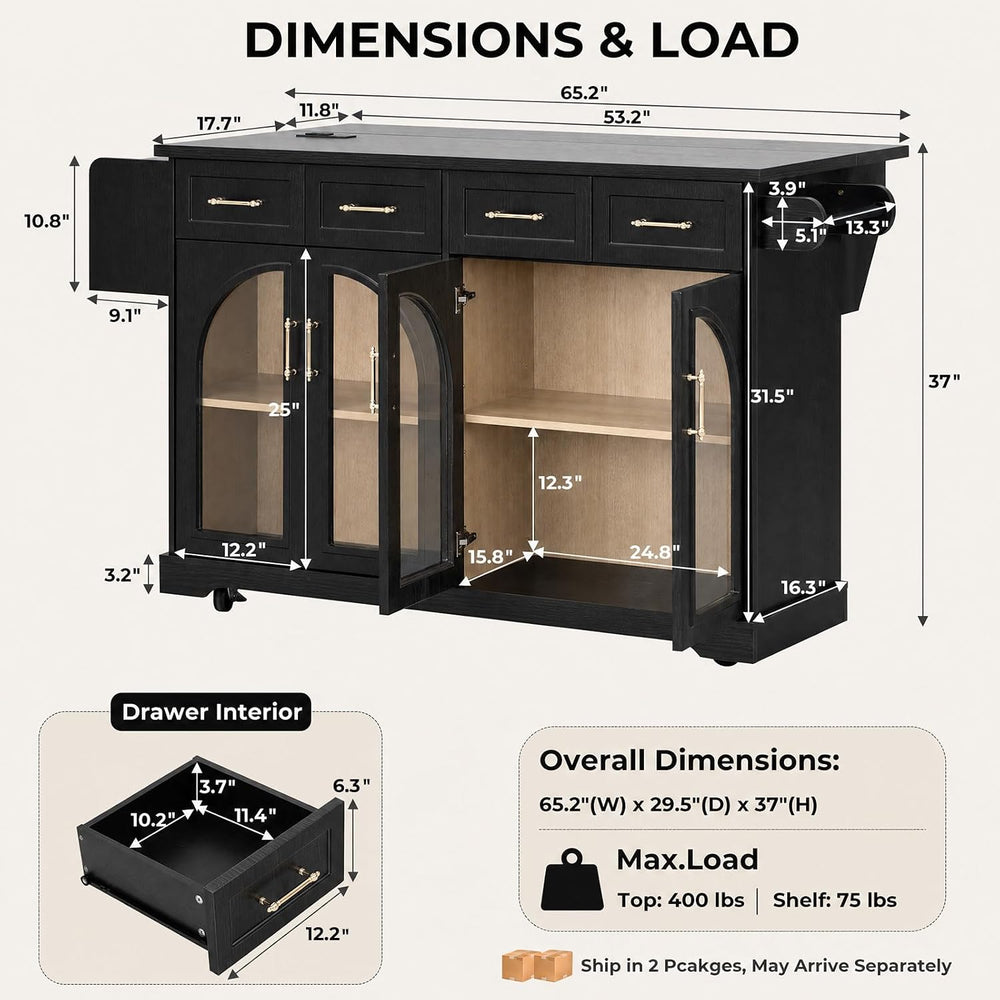 Rovibek 65 inch Rolling Kitchen Island with Storage, Drop Leaf and Power Outl...