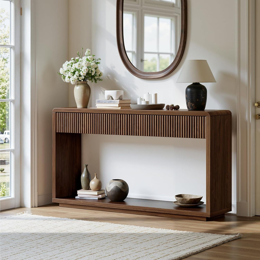 Evermagin 59'' Walnut Console Table with Drawers, Sofa Table with Storage | Mid Century Modern entryway table, Fluted Behind Couch Table for Living Room, Entrance, Hallway