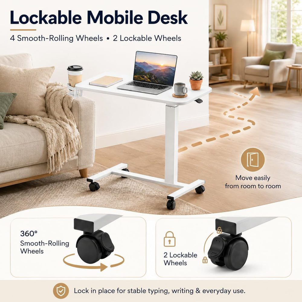 GTPLAYER Mobile Rolling Desk, Adjustable Height Laptop Table, 28 Inch White