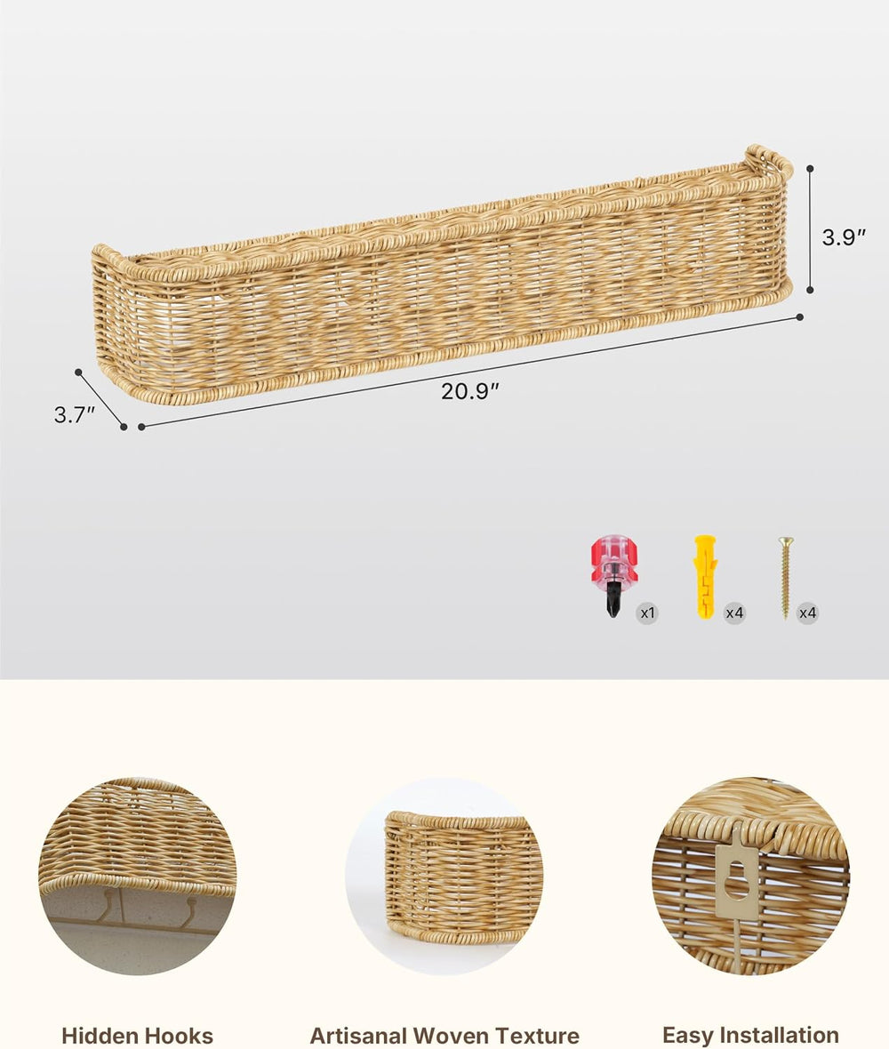 Wall Mount Coat Rack With Shelf-6 Hook Handmade Rattan Coat Rack,Natural