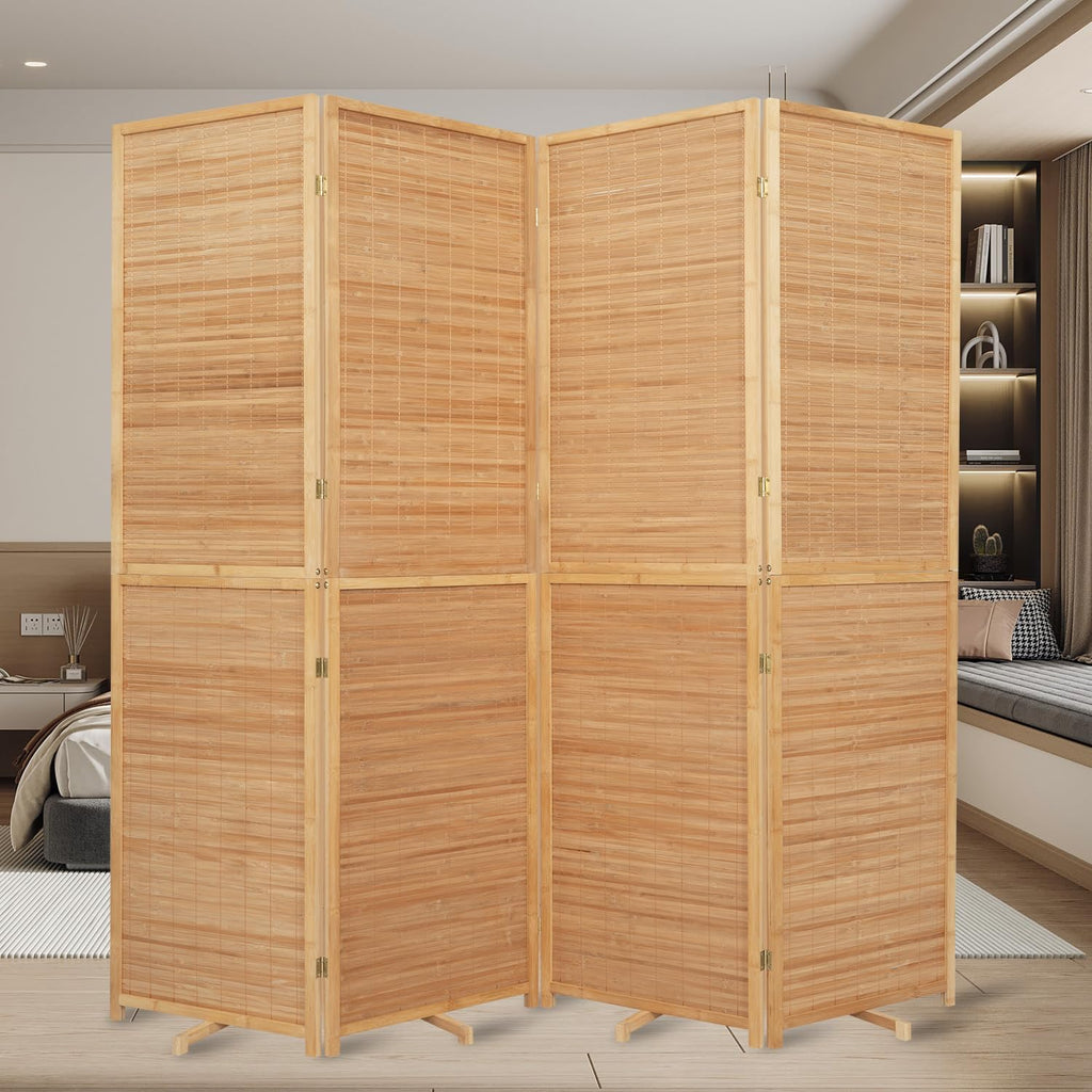 Bamboo Mesh Woven Room Divider 5.6FT,4 Panel Folding Privacy Screen,Brown
