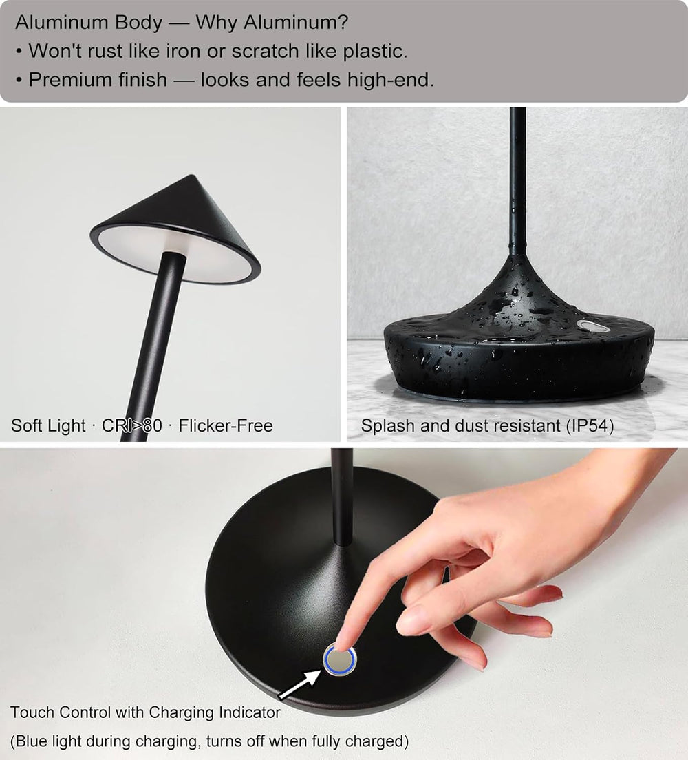Cordless Rechargeable LED Table Lamp Set of 2, Black