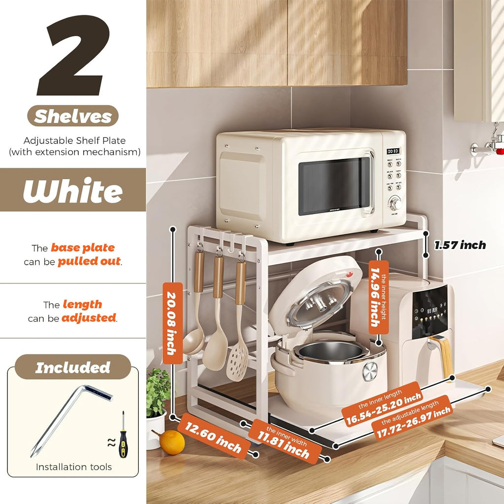 2-Tier Microwave Rack - Height Adjustable & Extendable Kitchen Shelf with Drawer - Carbon Steel - Includes Hooks & Reinforcement Suction Cups - Easy Assembly (White)